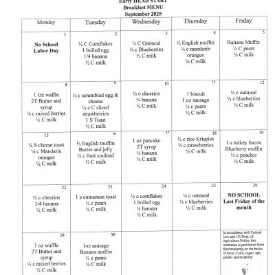 Early Head Start Breakfast Menu - September 2025