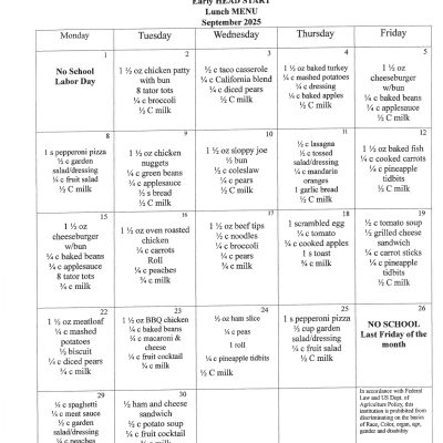Early Head Start Lunch Menu - September 2025