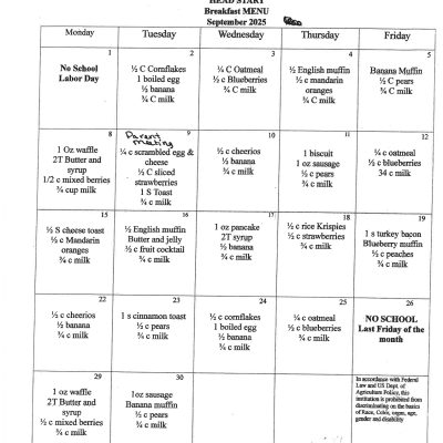 Head Start Breakfast Menu - September 2025