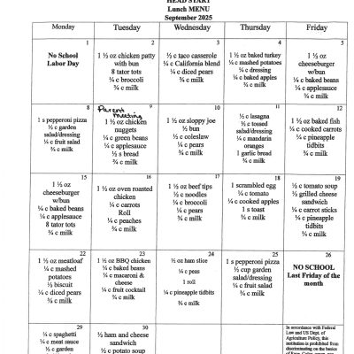 Head Start Lunch Menu - September 2025