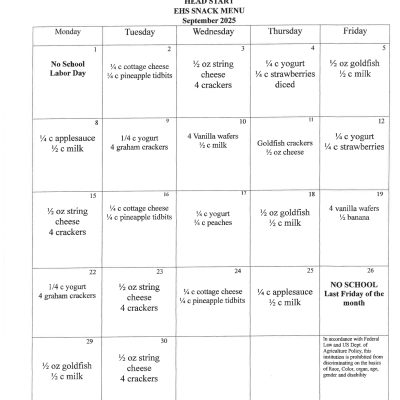 Head Start/Early Head Start Snack Menu - September 2025